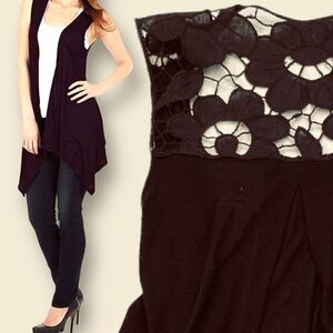 TwentyOne Sleeveless Light Weight Flyaway Cardigan Vest with Floral Cut out Back